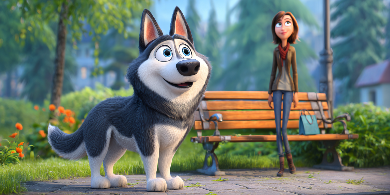 A husky dog is standing next to a woman standing next to a park bench.