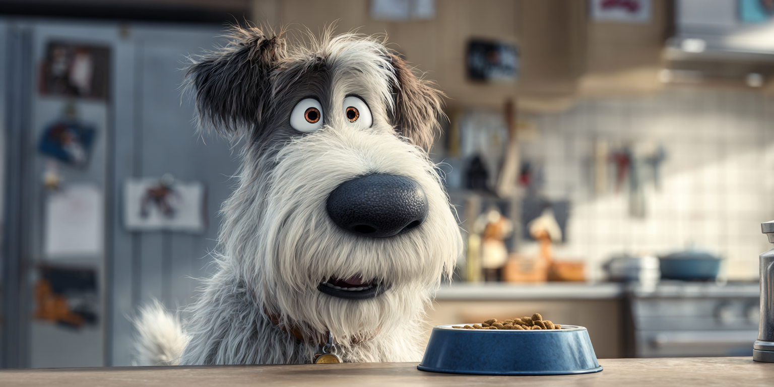 Cartoon dog with surprised expression looking at its food bowl in a kitchen.