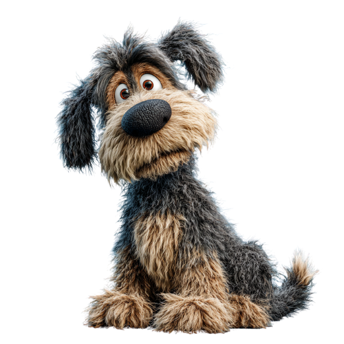 A cartoon dog is sitting down on a white background and looking at the camera.