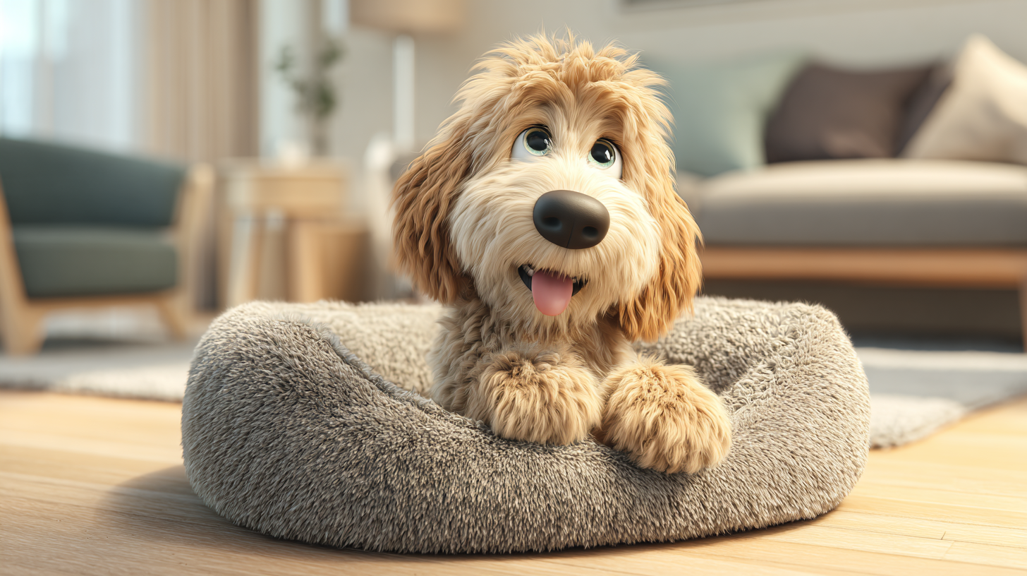 Animated, light-brown dog with open mouth, tongue out, in a gray dog bed indoors.
