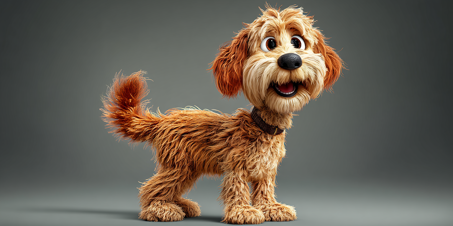 A brown doodle dog with curly fur stands, facing the viewer, in front of a grey backdrop.