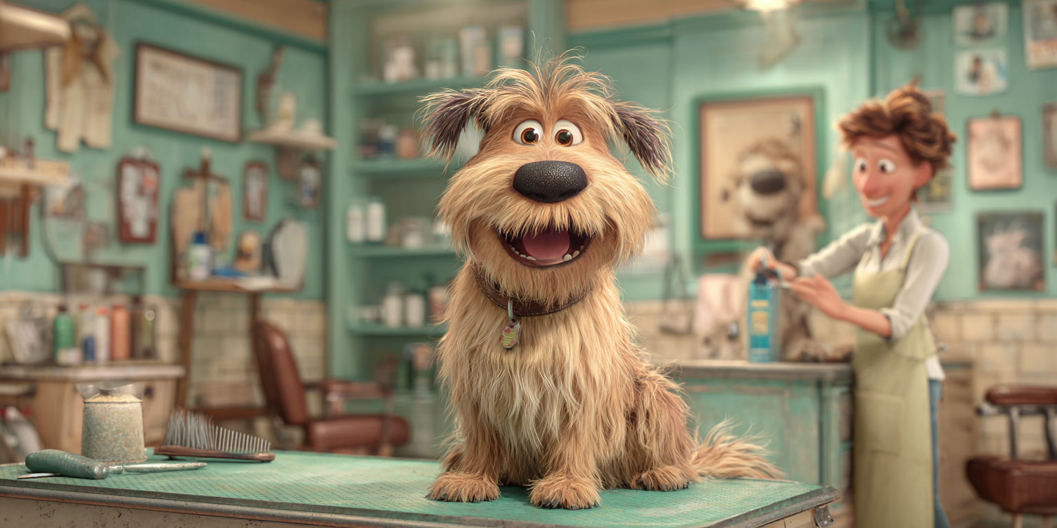 Cartoon dog smiling at a grooming table, with a woman in the background holding a spray bottle.