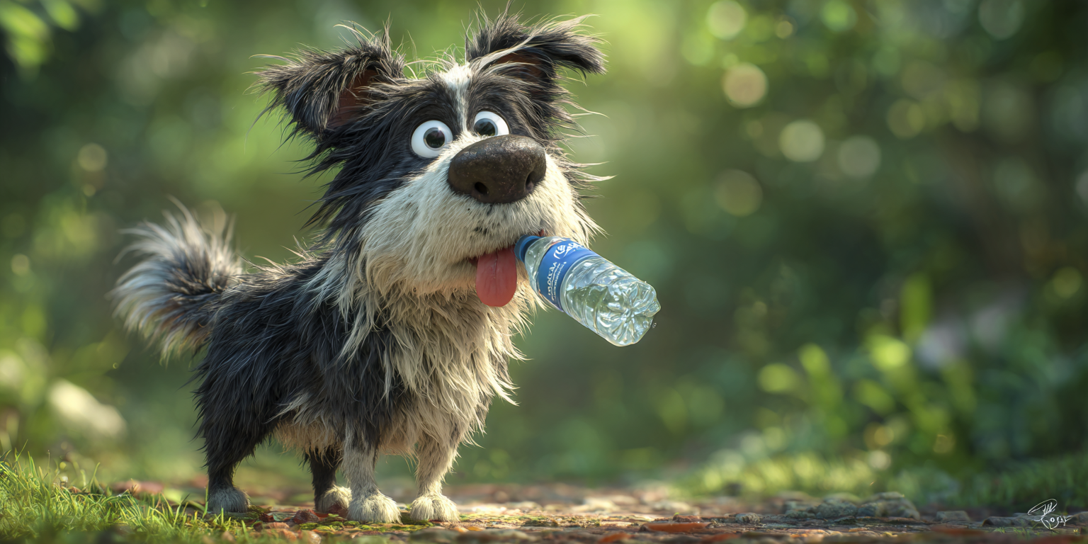 A cartoon dog is holding a bottle of water in its mouth.