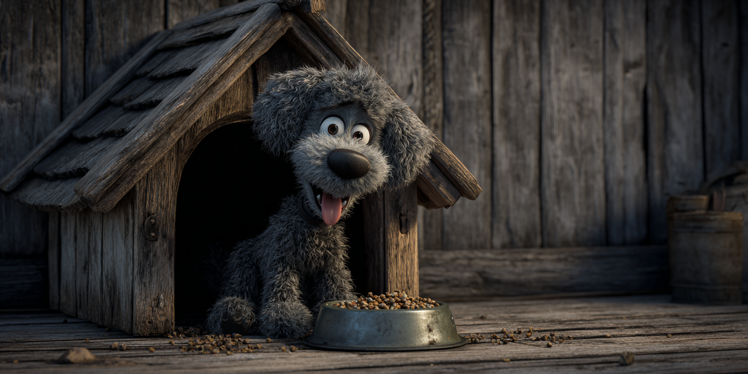 A dog is sitting in a dog house with a bowl of food.