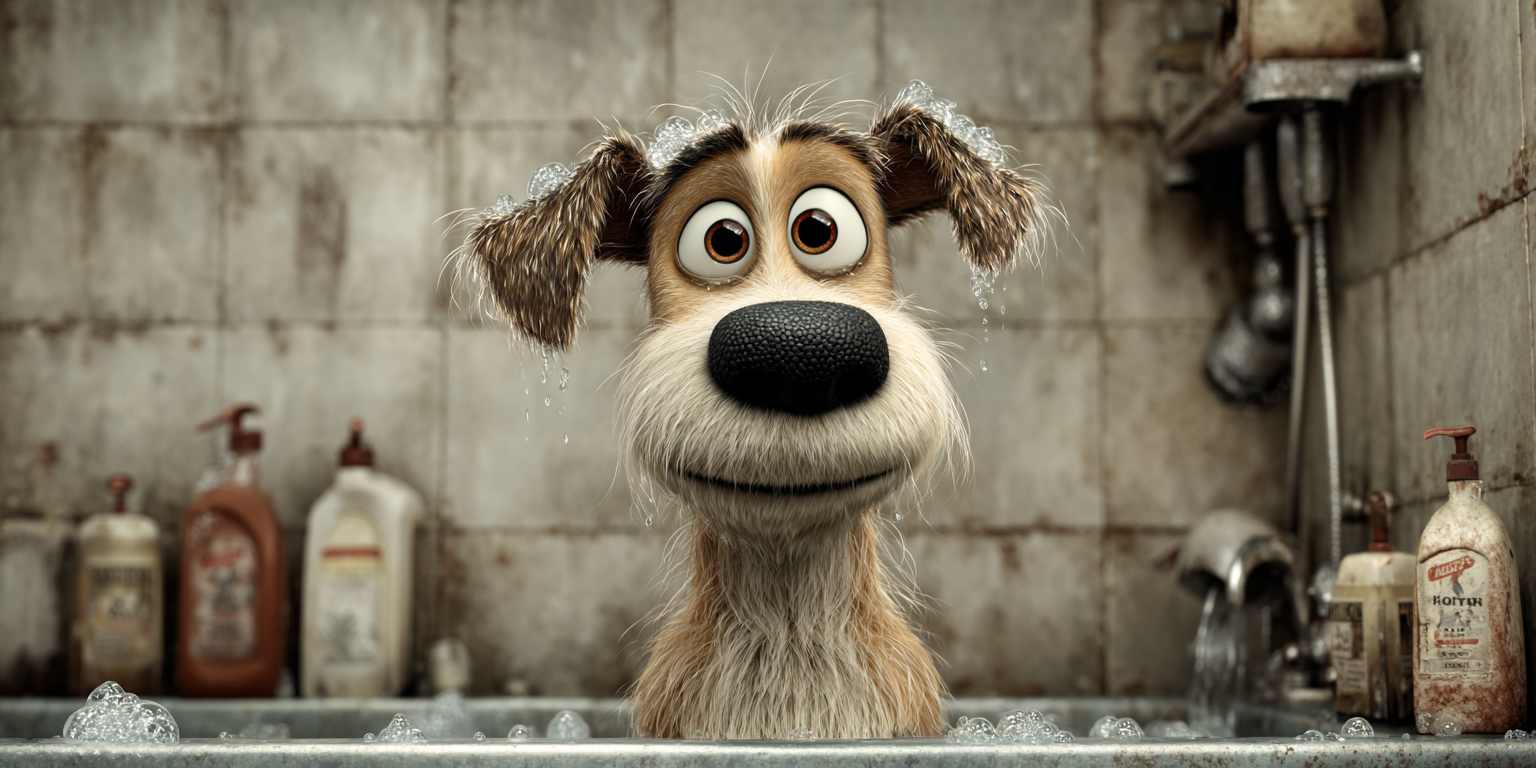 Dog in a tub, being bathed. Brown fur, large black nose, wide eyes. Shower head visible.
