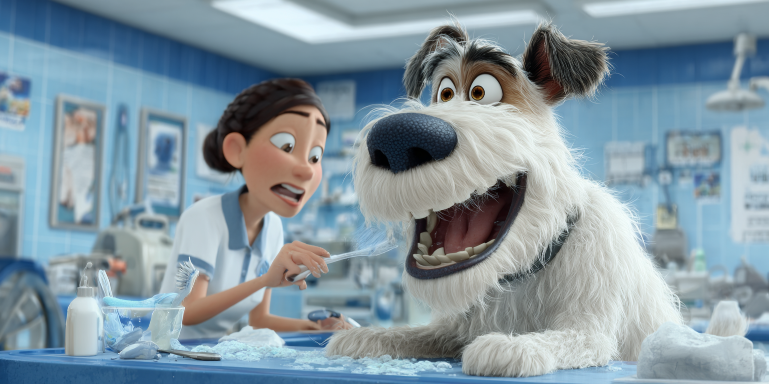 A woman and a dog in a grooming shop. The dog smiles, while the woman looks at the dog, a tool in her hand.