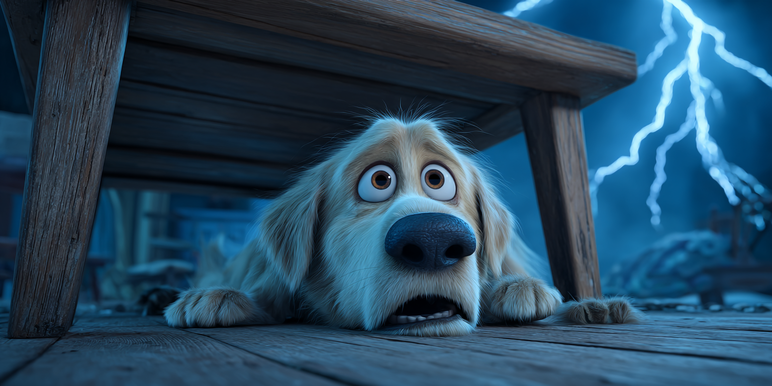 Dog cowering under a wooden table, frightened by a lightning storm in a blue-lit outdoor setting.