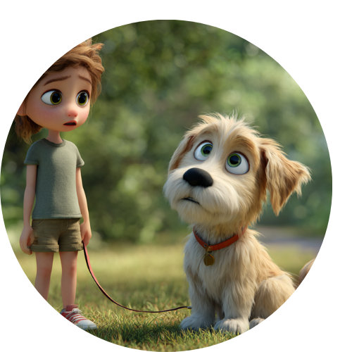 A boy is standing next to a small dog on a leash.