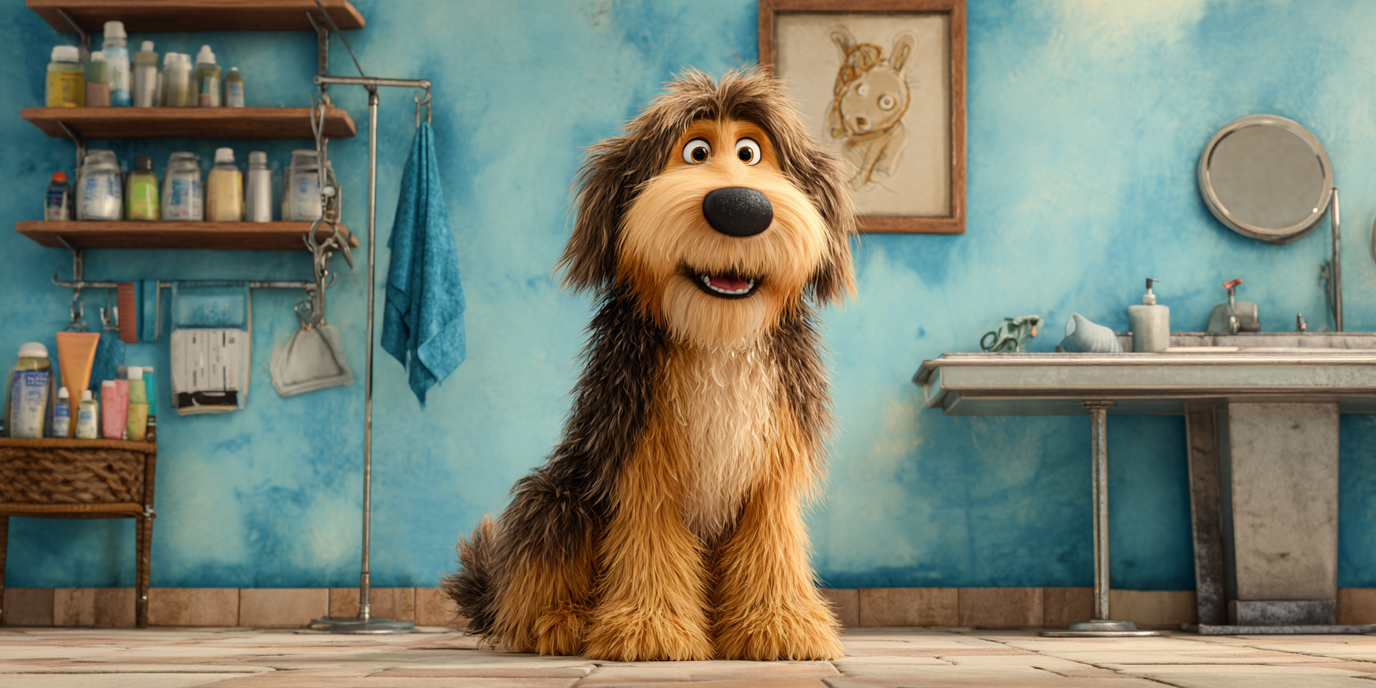 A cartoon dog is sitting in a bathroom next to a sink.