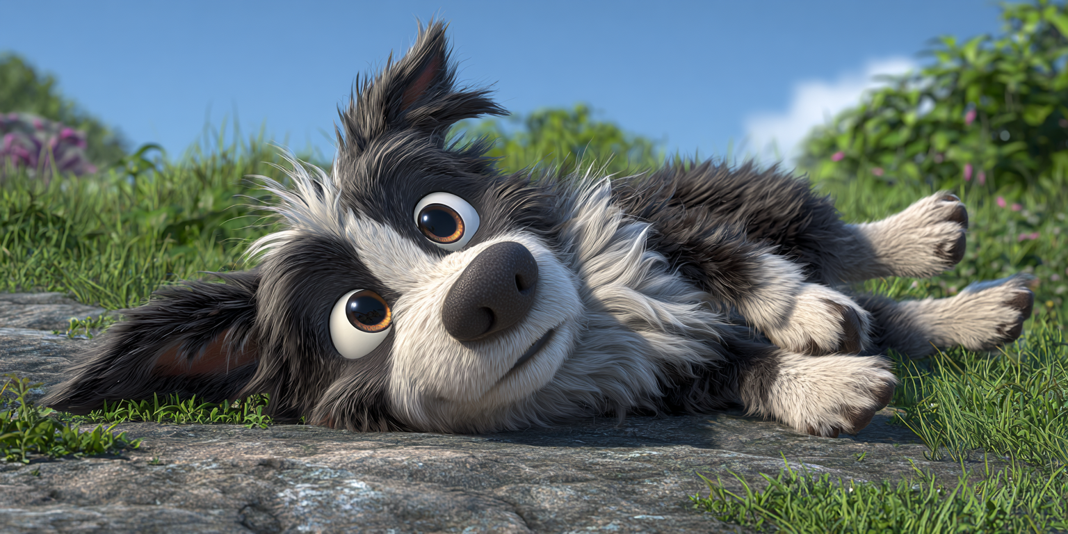 A border collie puppy is laying on a rock in the grass.