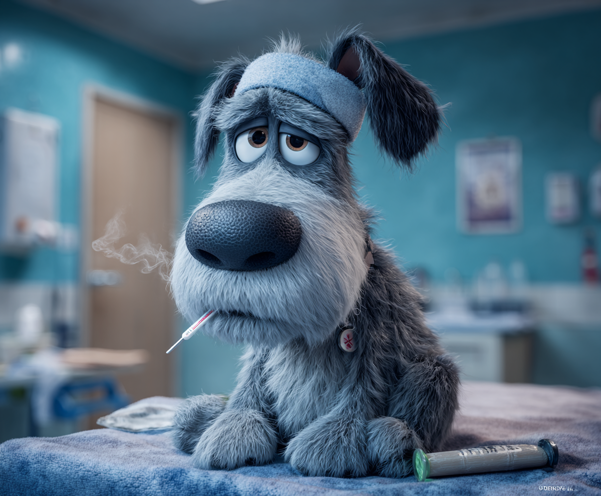 A cartoon dog is sitting on a table with a thermometer in its mouth.