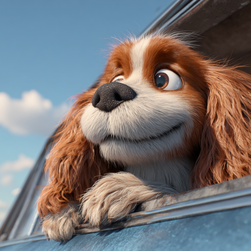 A brown and white dog is sticking its head out of a car window