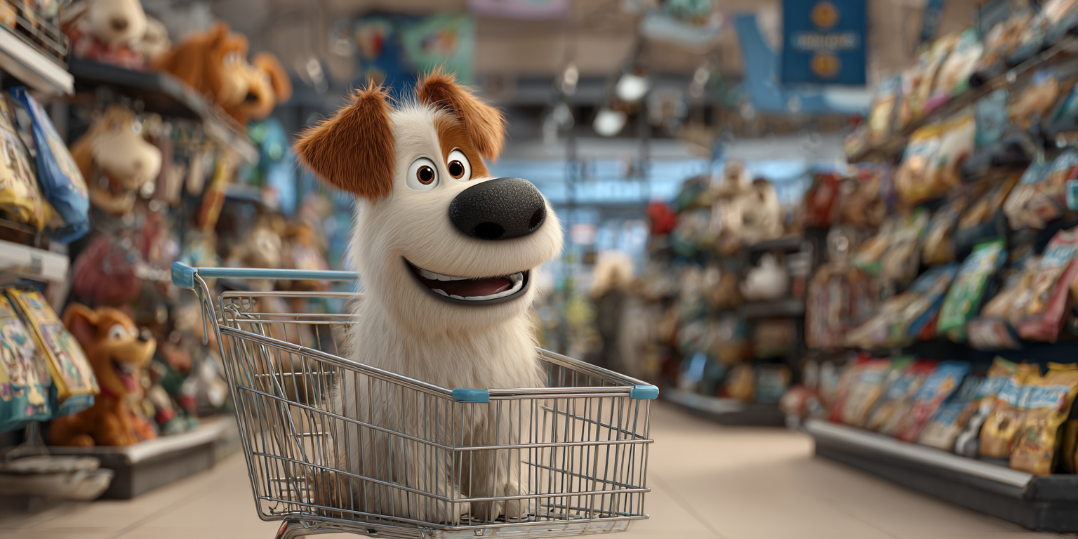 Cartoon dog in shopping cart smiles in a pet supply store.