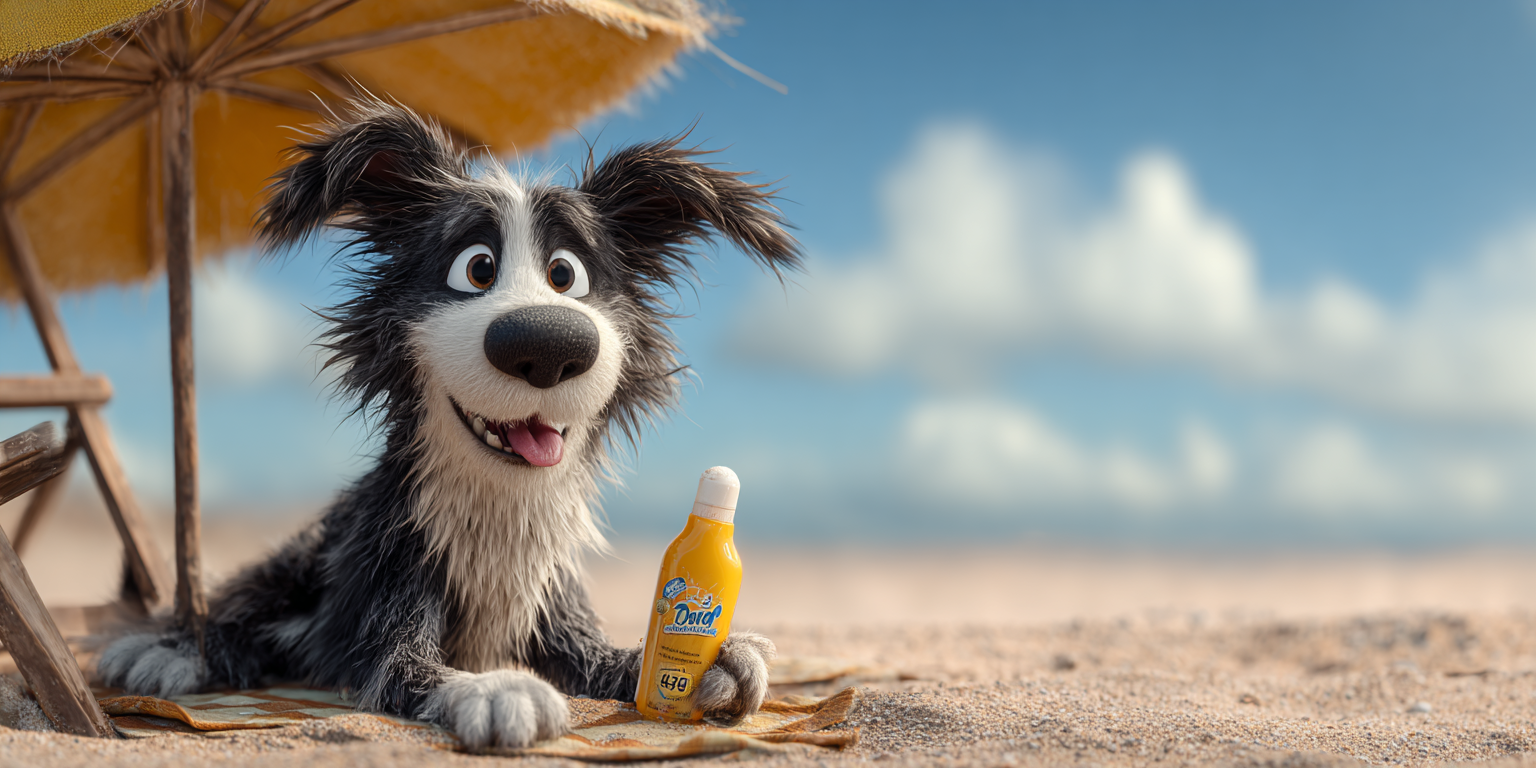 A cartoon dog is sitting on the beach under an umbrella holding a bottle of soda.