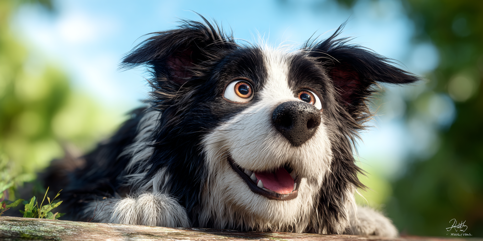 A black and white border collie dog is smiling and looking over a wooden fence.