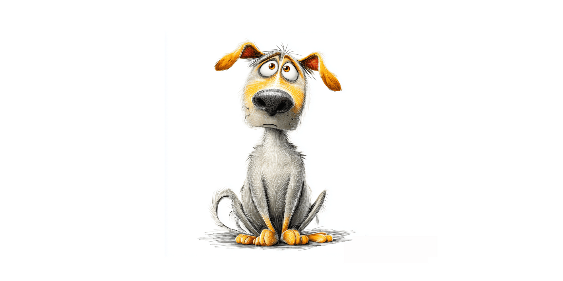 Cartoon dog with goofy expression, sitting with upturned eyes, white fur, brown ears.
