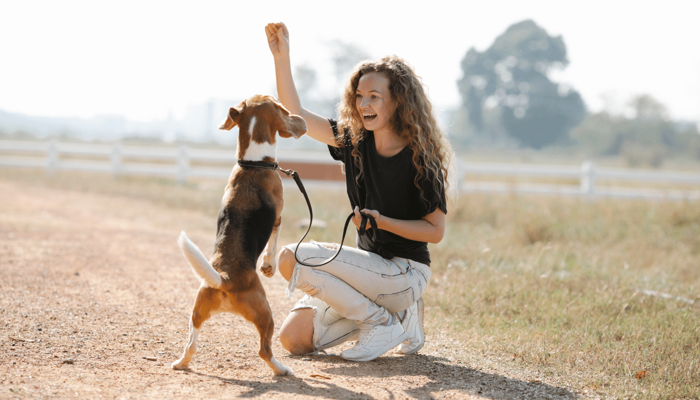 A woman is kneeling down next to a dog on a leash.