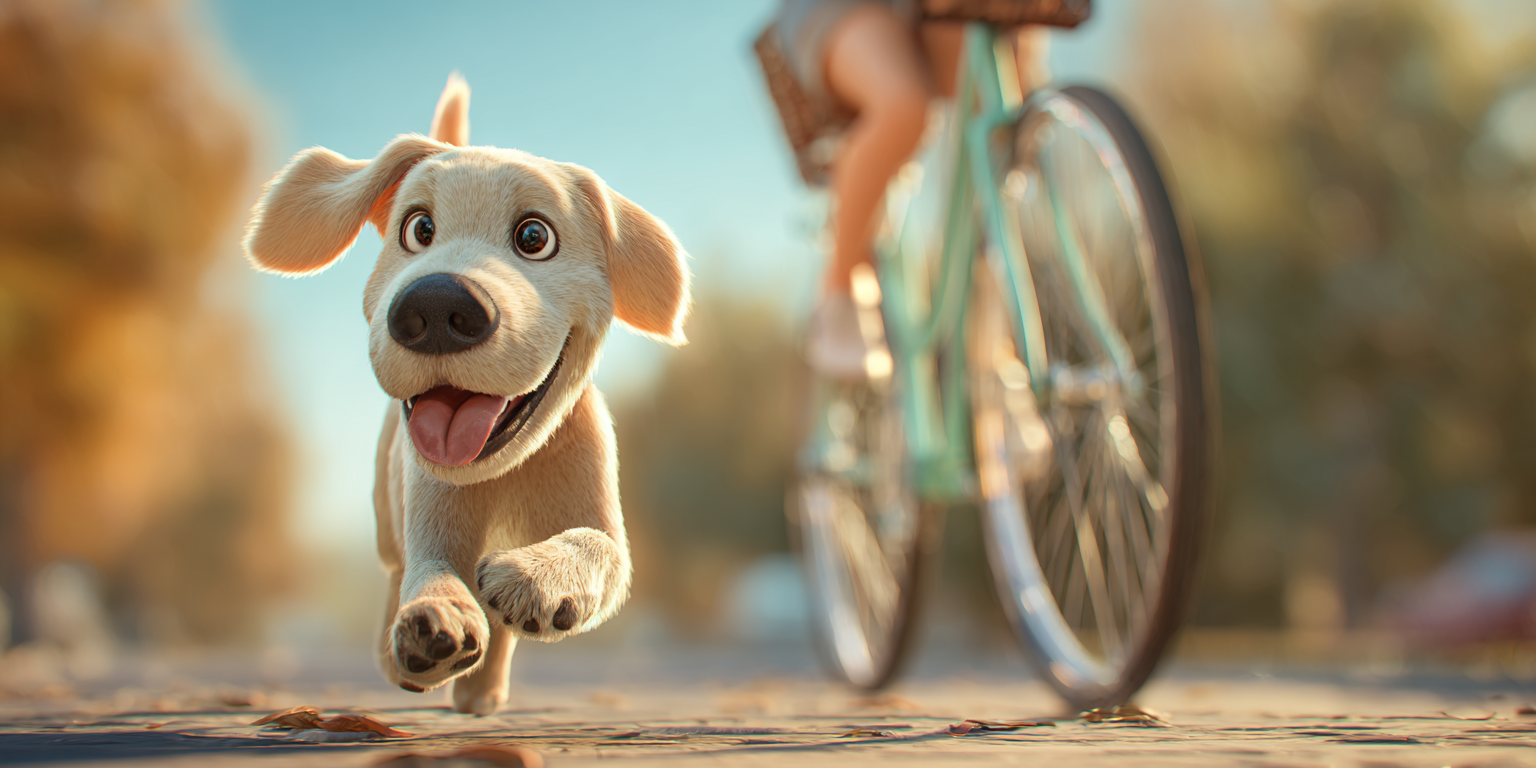 A happy, running yellow lab puppy, with a person riding a bike blurred in the background on a road.