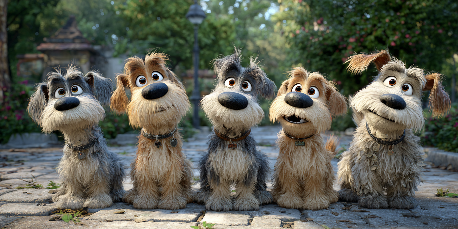 A group of cartoon dogs are sitting next to each other on a sidewalk.