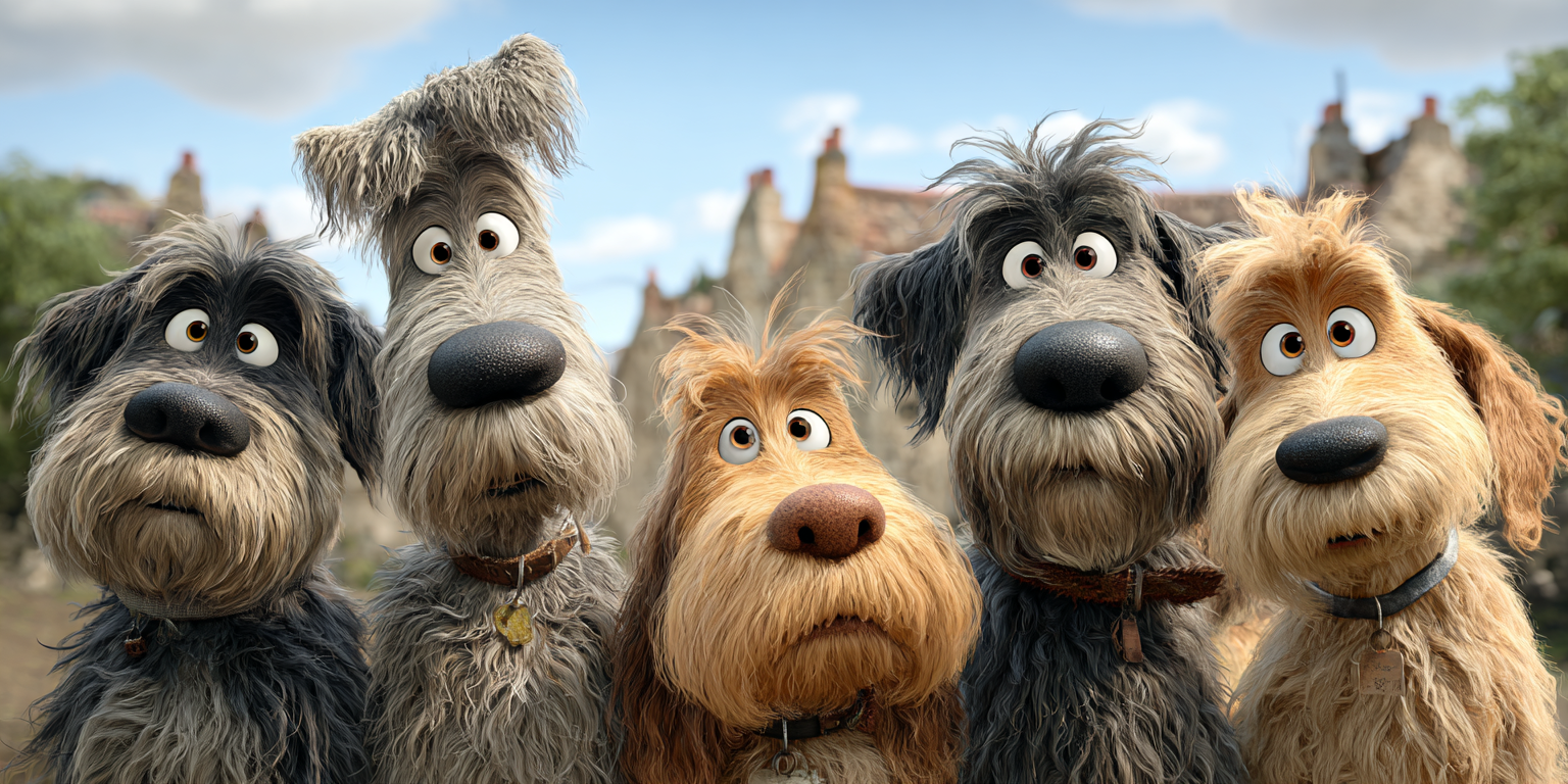 Five animated dogs with shaggy fur look at the viewer. They are outside with a blurred background of buildings and sky.