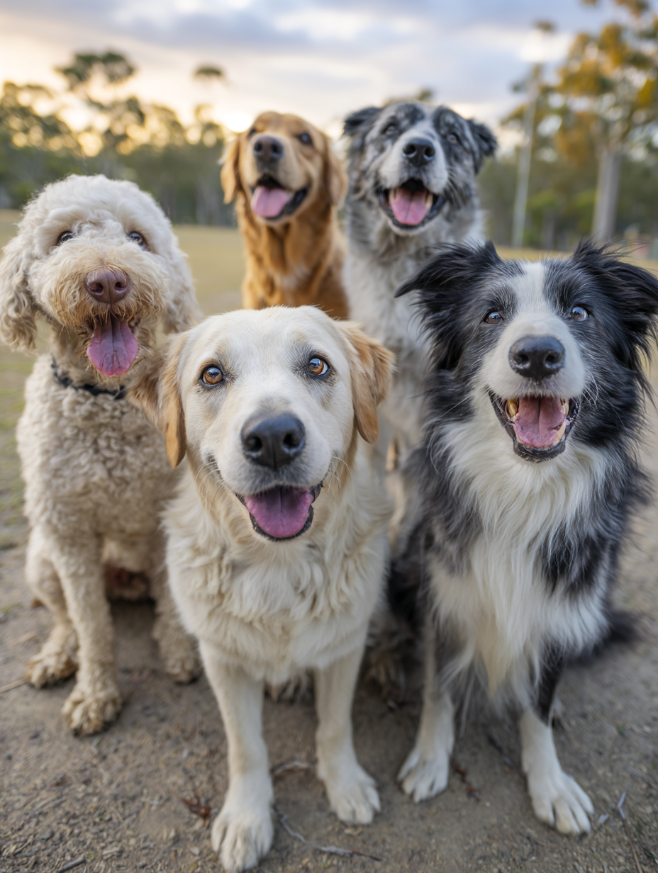 Five dogs with happy expressions, sitting outside, diverse colors, golden hour lighting.