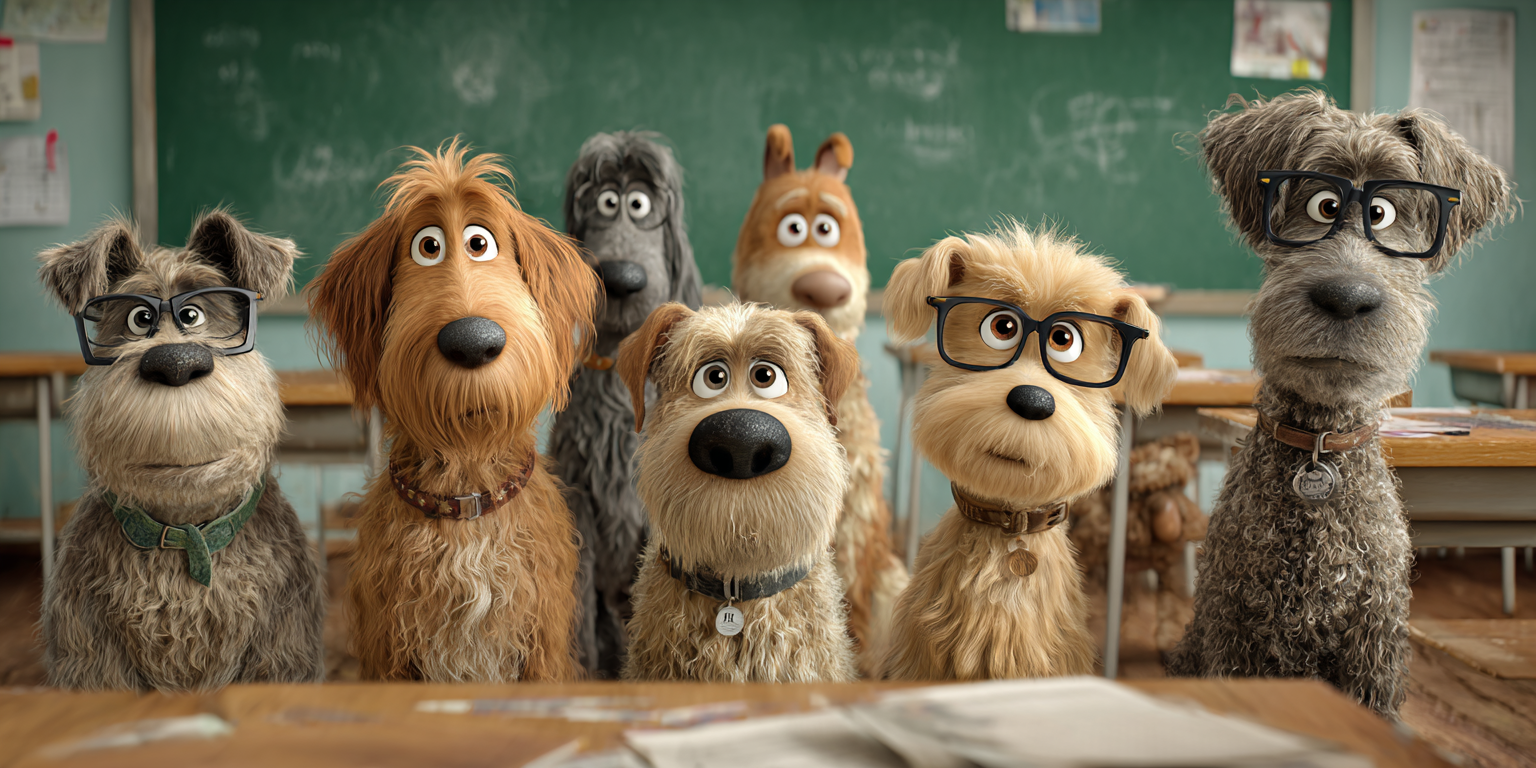 A group of dogs in a classroom, some wearing glasses, looking forward.