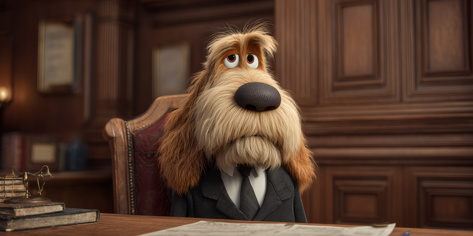 A cartoon dog in a suit and tie is sitting at a desk.