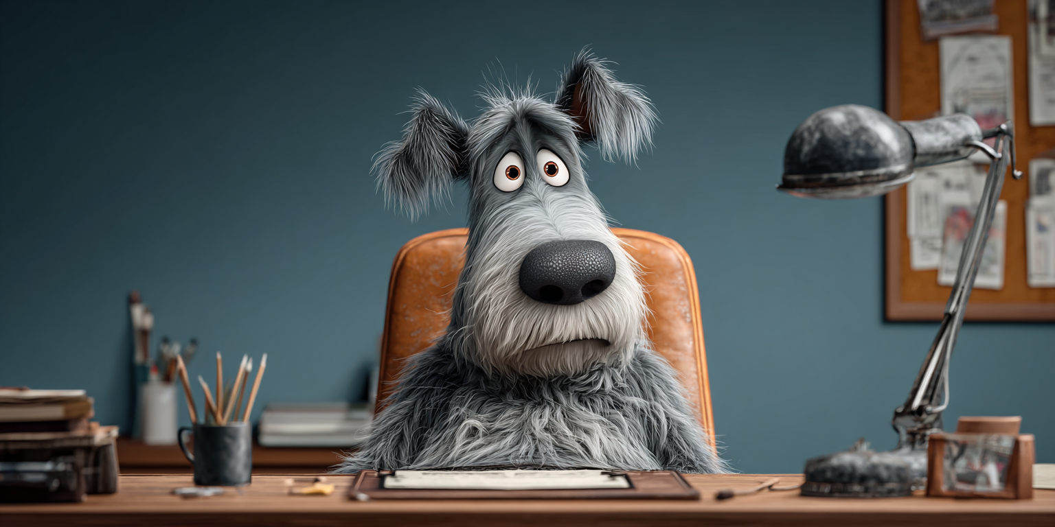 A stuffed dog is sitting at a desk with a lamp.