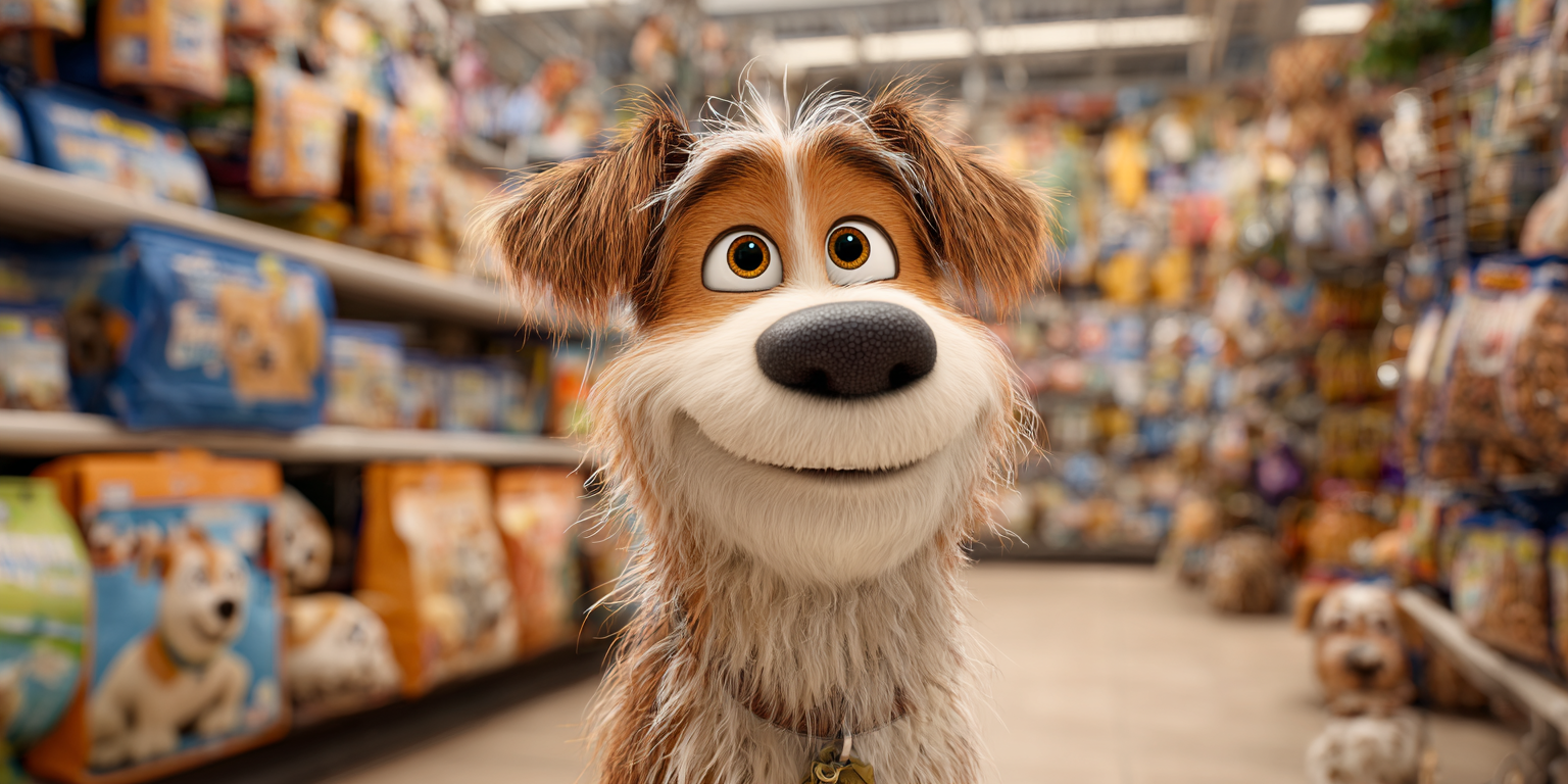 Animated dog smiling in a pet store, surrounded by dog food bags.