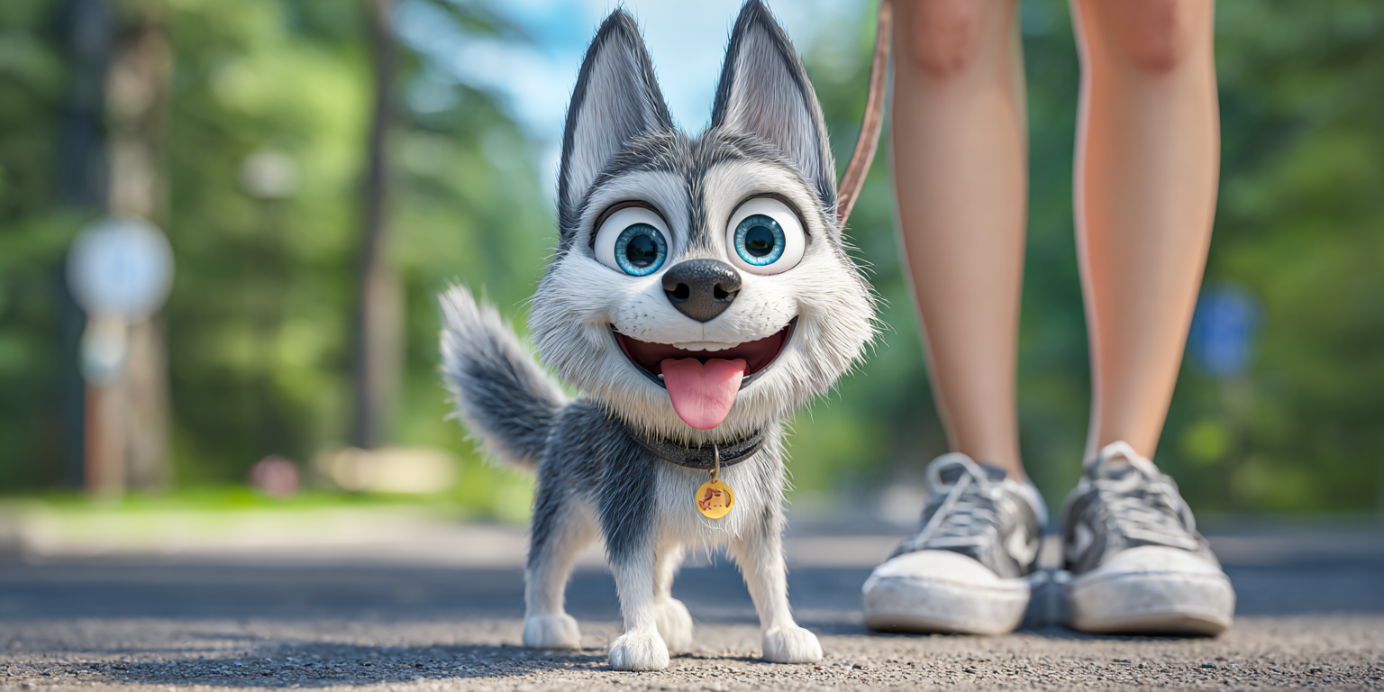 A husky puppy is standing next to a person on a leash.