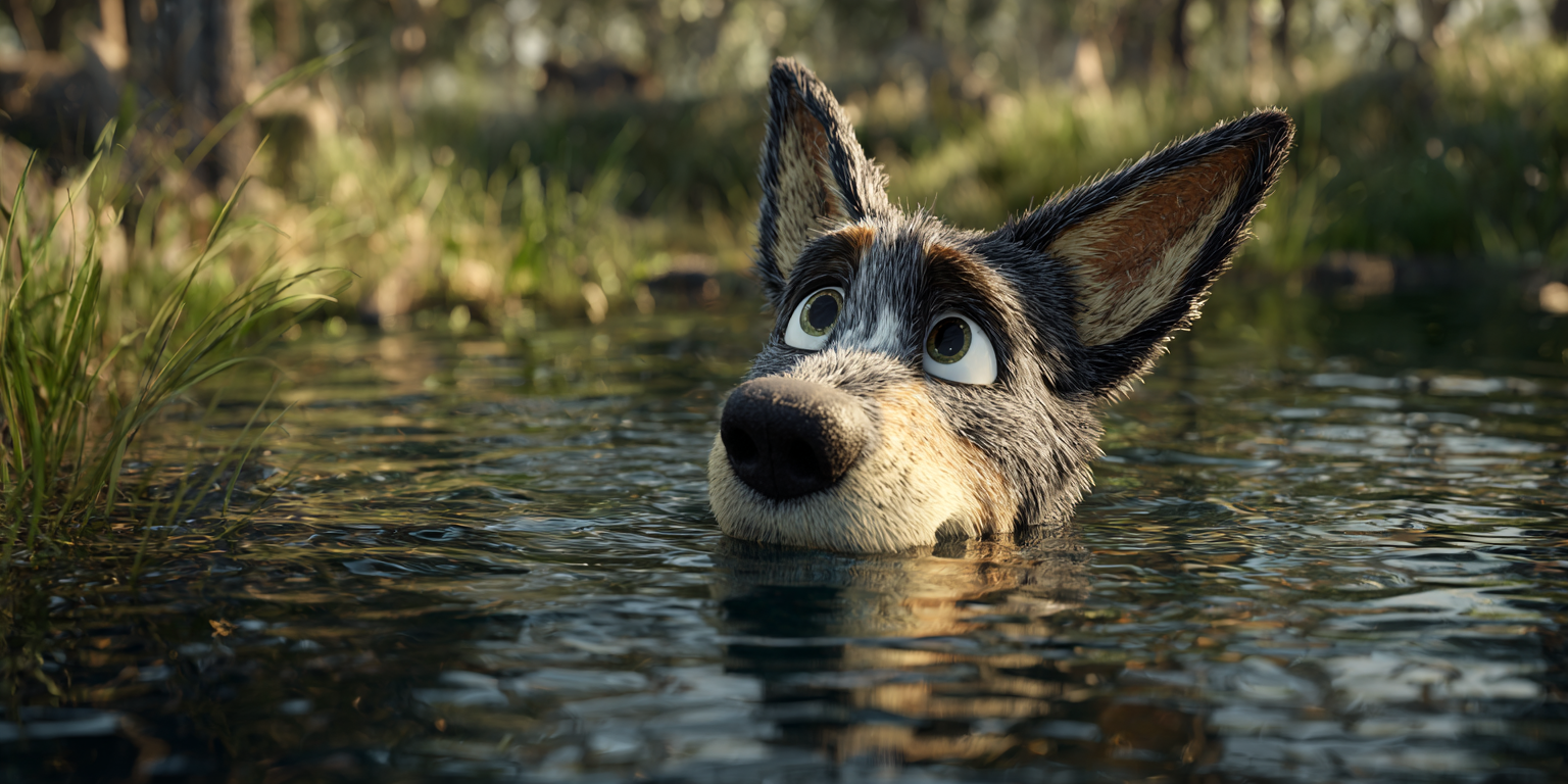 A cartoon dog with blue accents swims in a lake, looking upwards with a curious expression.