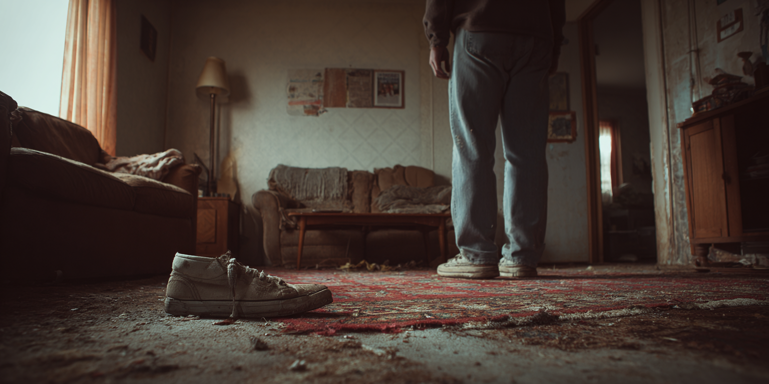 A person stands in a cluttered room, a shoe on the floor. Dusty carpet, old furniture, dim lighting.