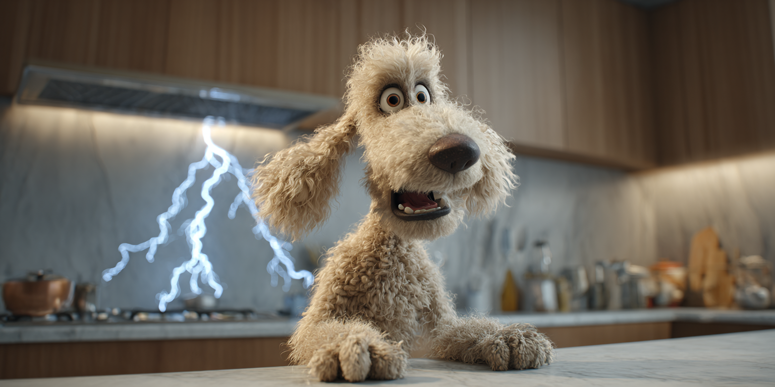 A surprised-looking dog in a kitchen with a lightning bolt behind him.