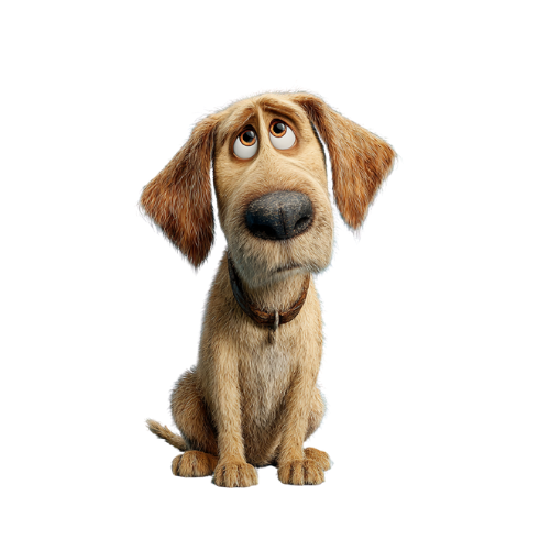 A cartoon dog is sitting down and looking up at the camera.