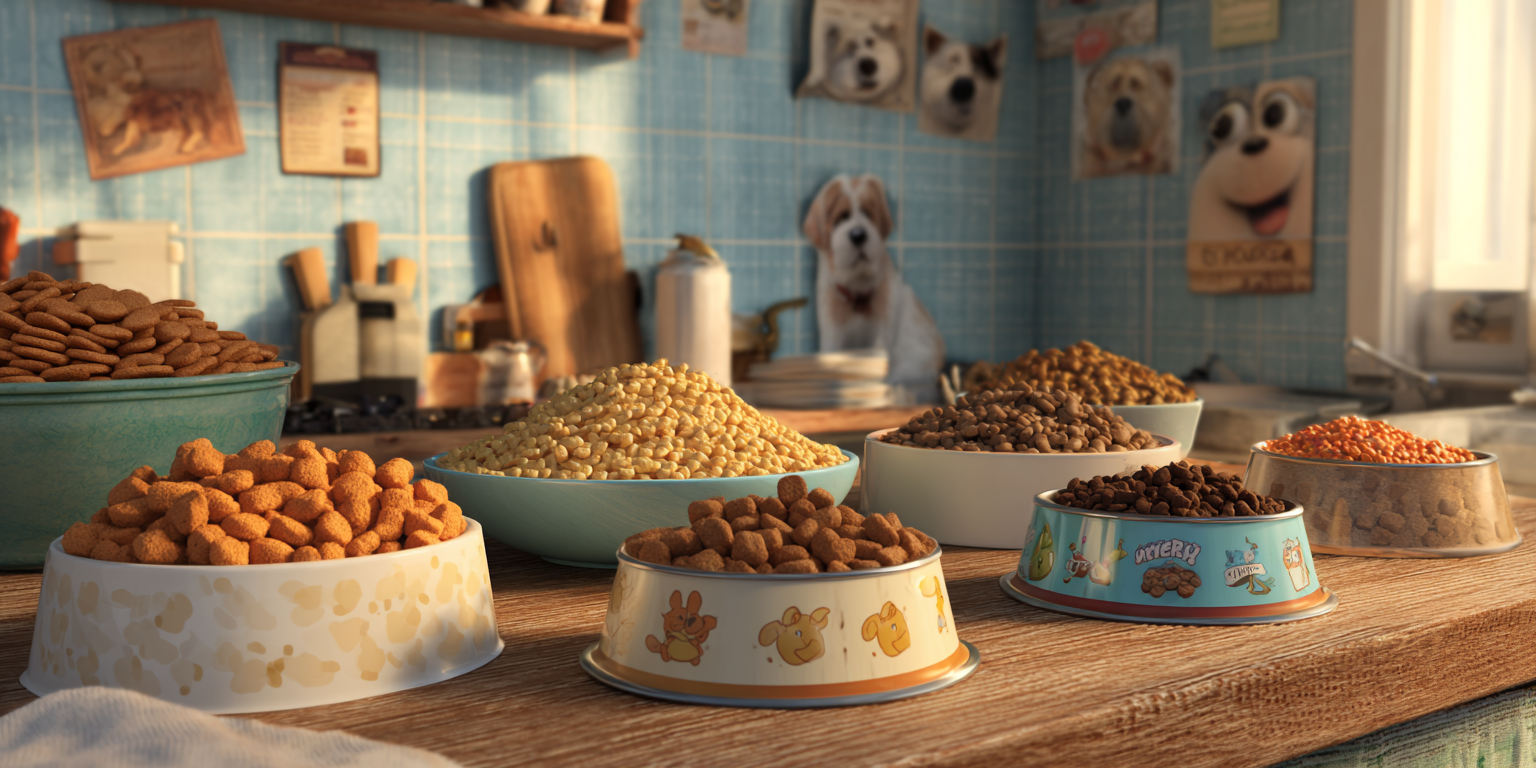 Bowls of dog food on a counter with a dog in the background, inside a kitchen.