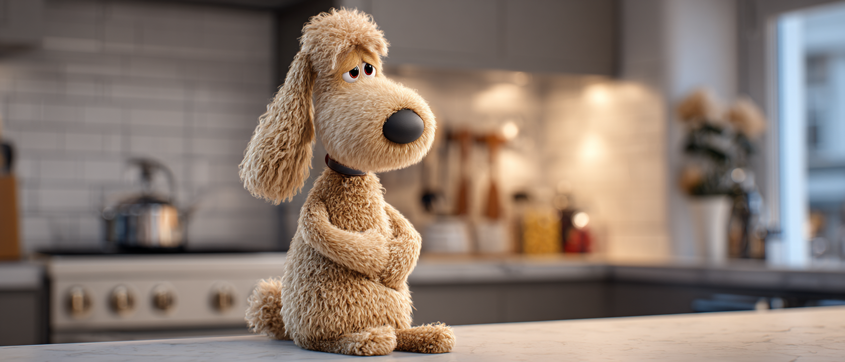 A plush, tan dog sits in a kitchen. It has a large black nose and is looking away with its paws crossed.