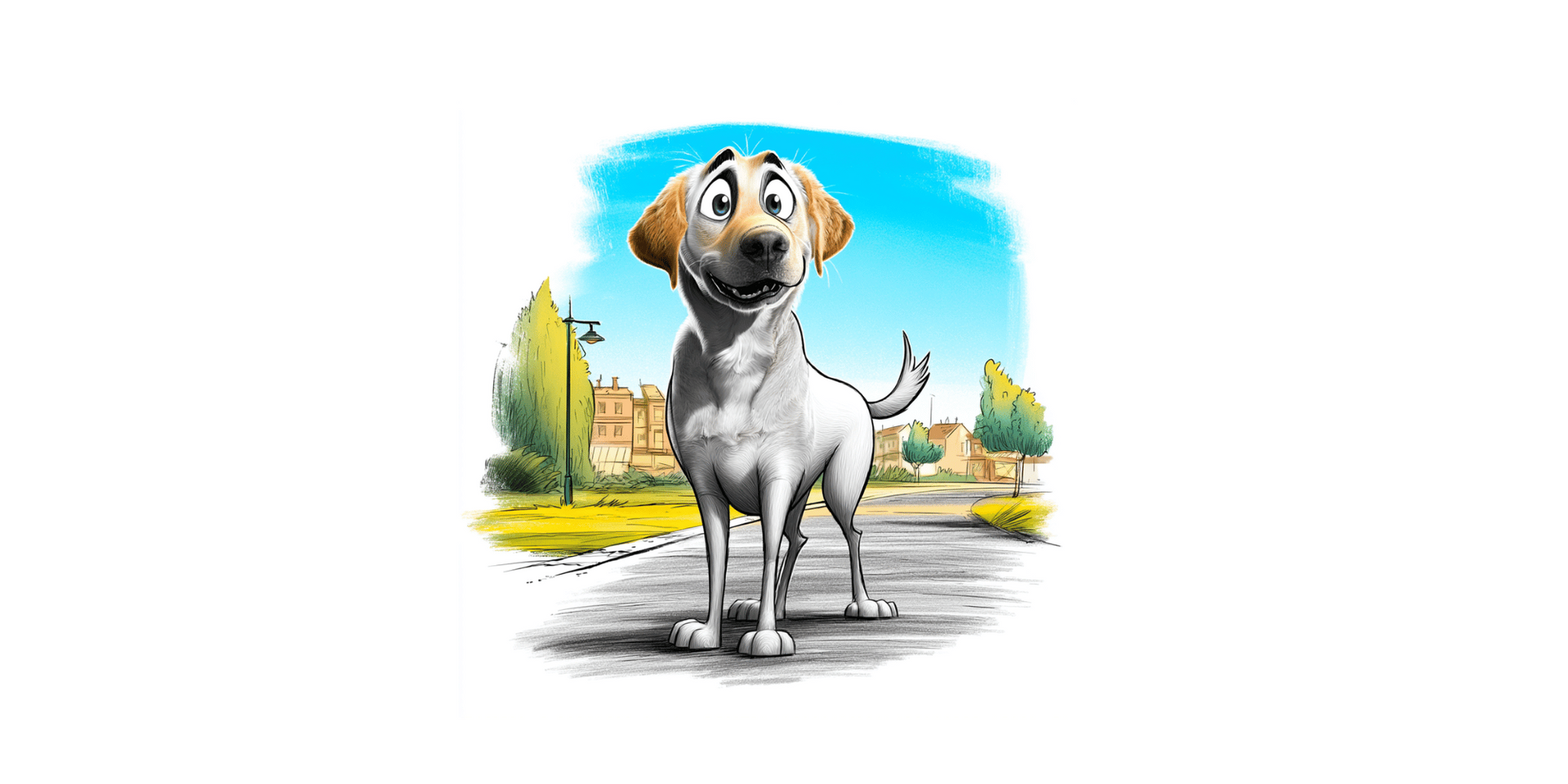 Smiling yellow Labrador standing on a path in front of a city.