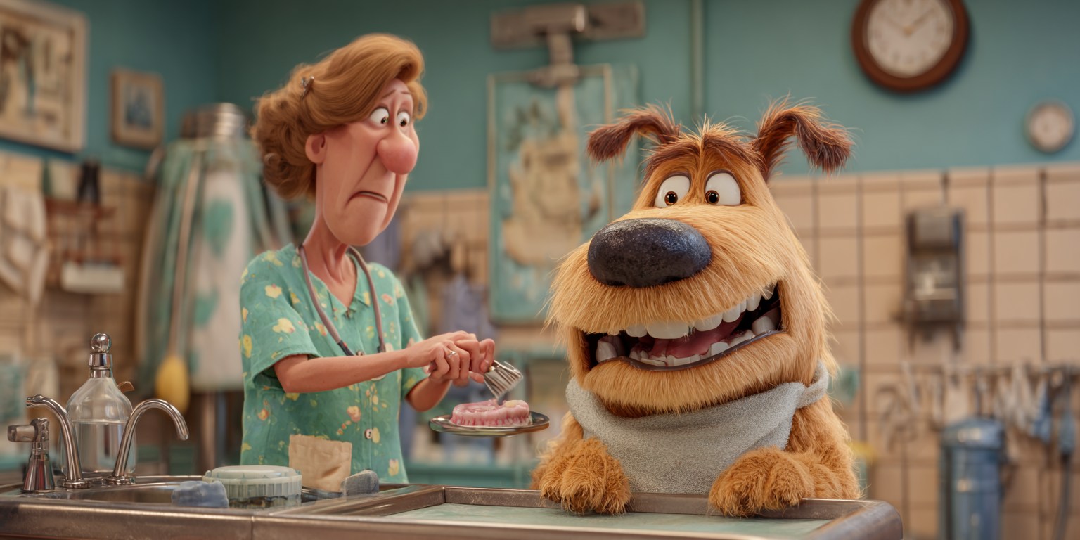 Animated dog and woman in kitchen. The woman looks concerned, holding a dish. The dog smiles widely.