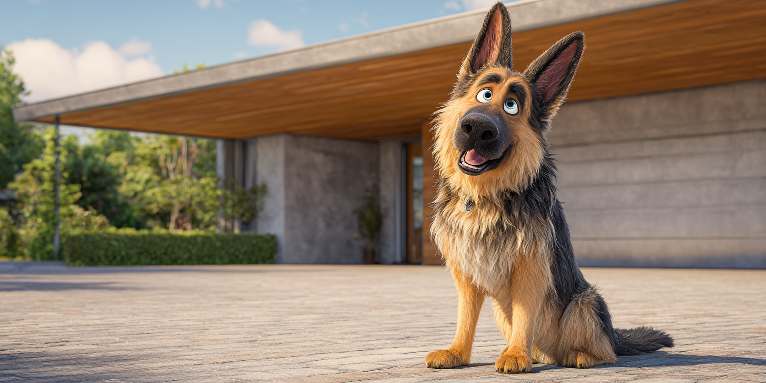Animated German Shepherd dog sitting and smiling in front of a modern house.