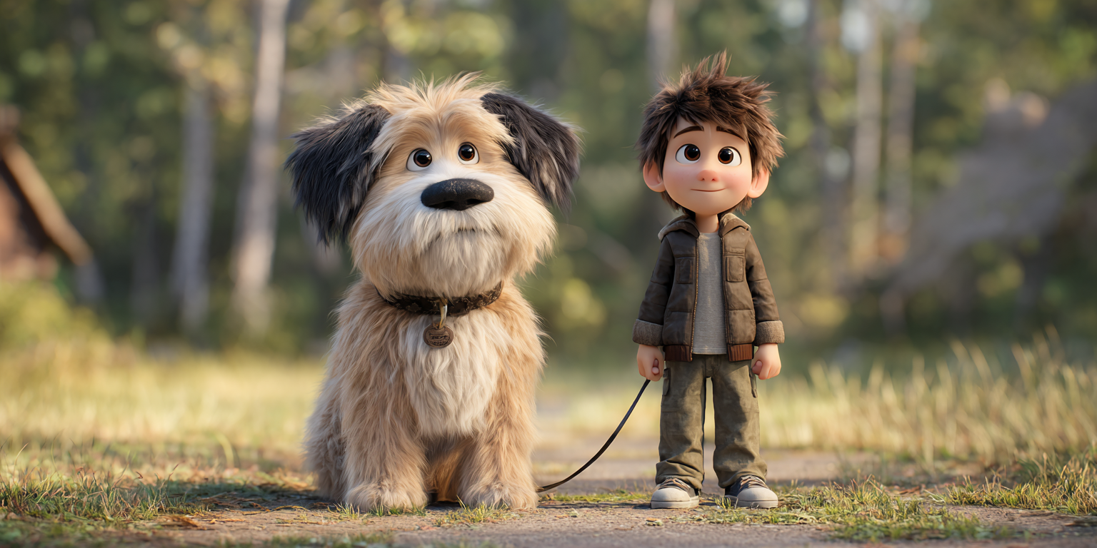 A boy holds a leash attached to a fluffy dog, standing side-by-side on a path outdoors.