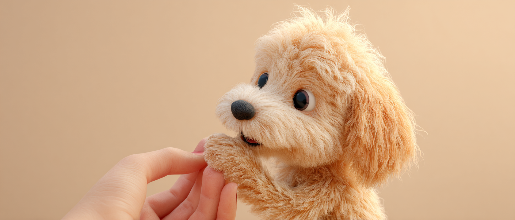 A fluffy, tan-colored dog is held by a person. The dog is looking at the hand. Beige background.