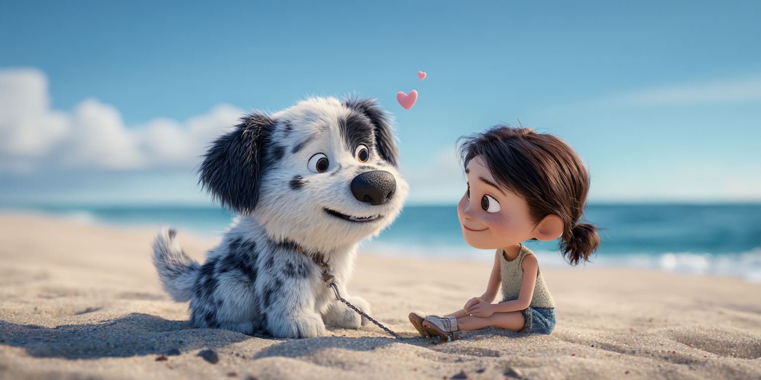 A girl and a spotted dog on a beach, both gazing at each other. A heart floats above them.