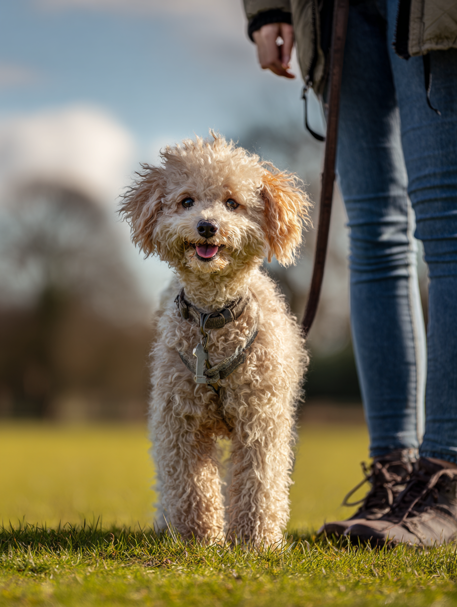 Small tan poodle on a leash standing in a grassy field, smiling at the camera.