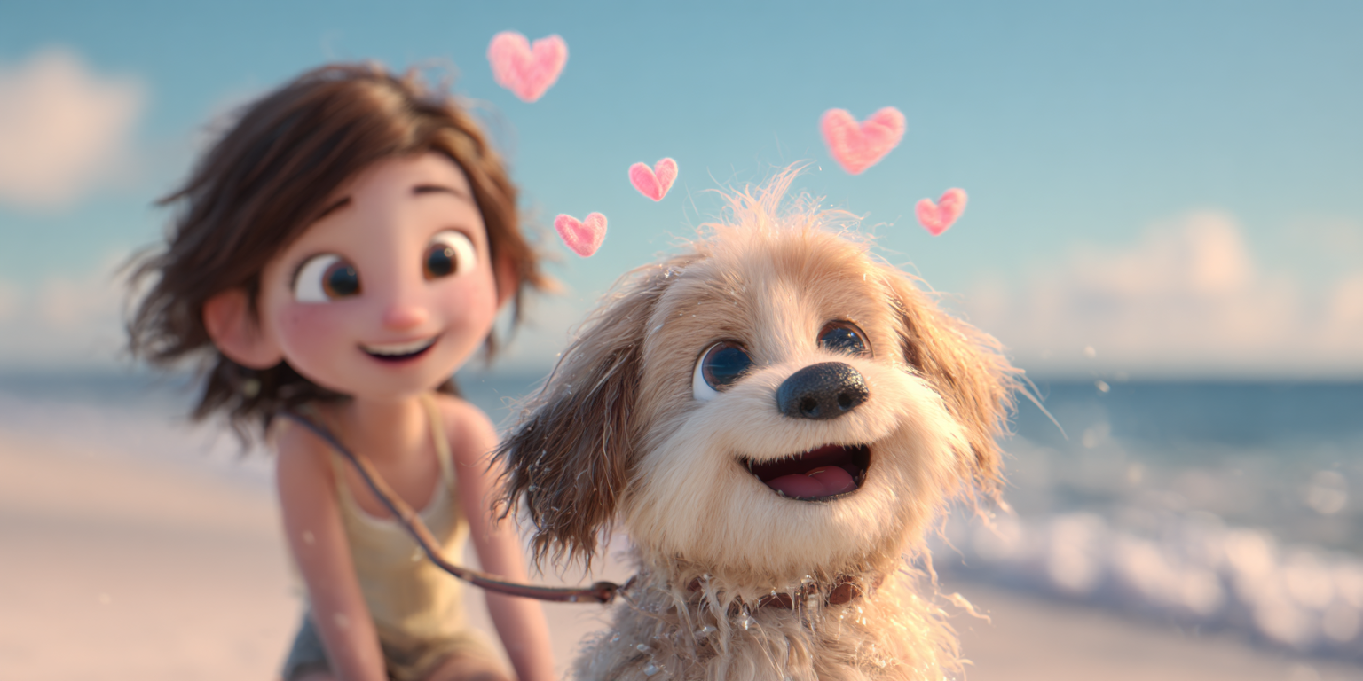 Girl and dog on a beach with heart icons. Both smiling, dog has leash.