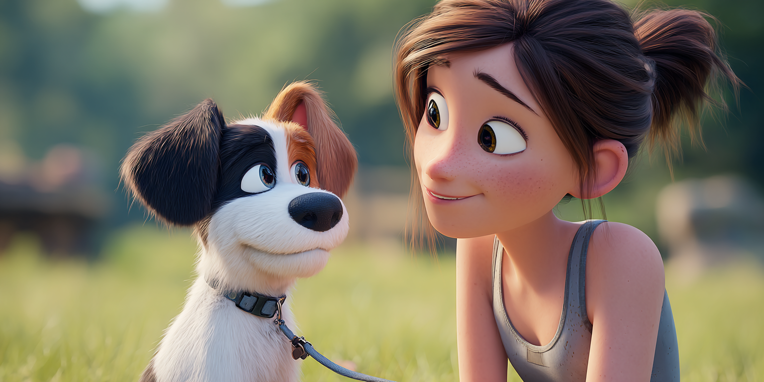 A cartoon girl and a dog are sitting in a grassy field. The girl smiles at the dog, who smiles back.