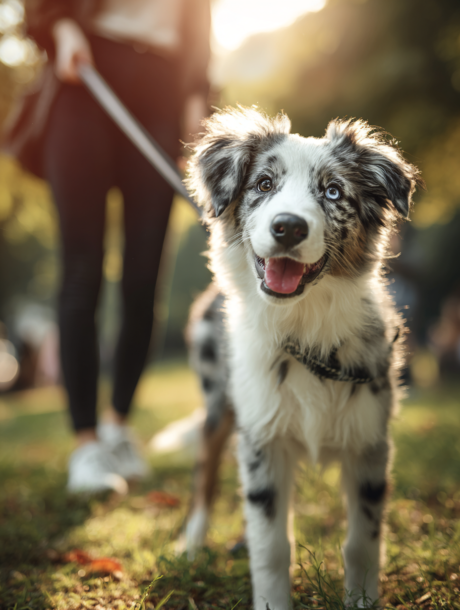 Blue merle Australian Shepherd on leash, smiling outdoors in the sunlight.