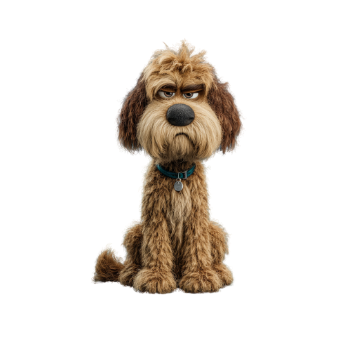 A cartoon dog is sitting down with an angry look on his face.