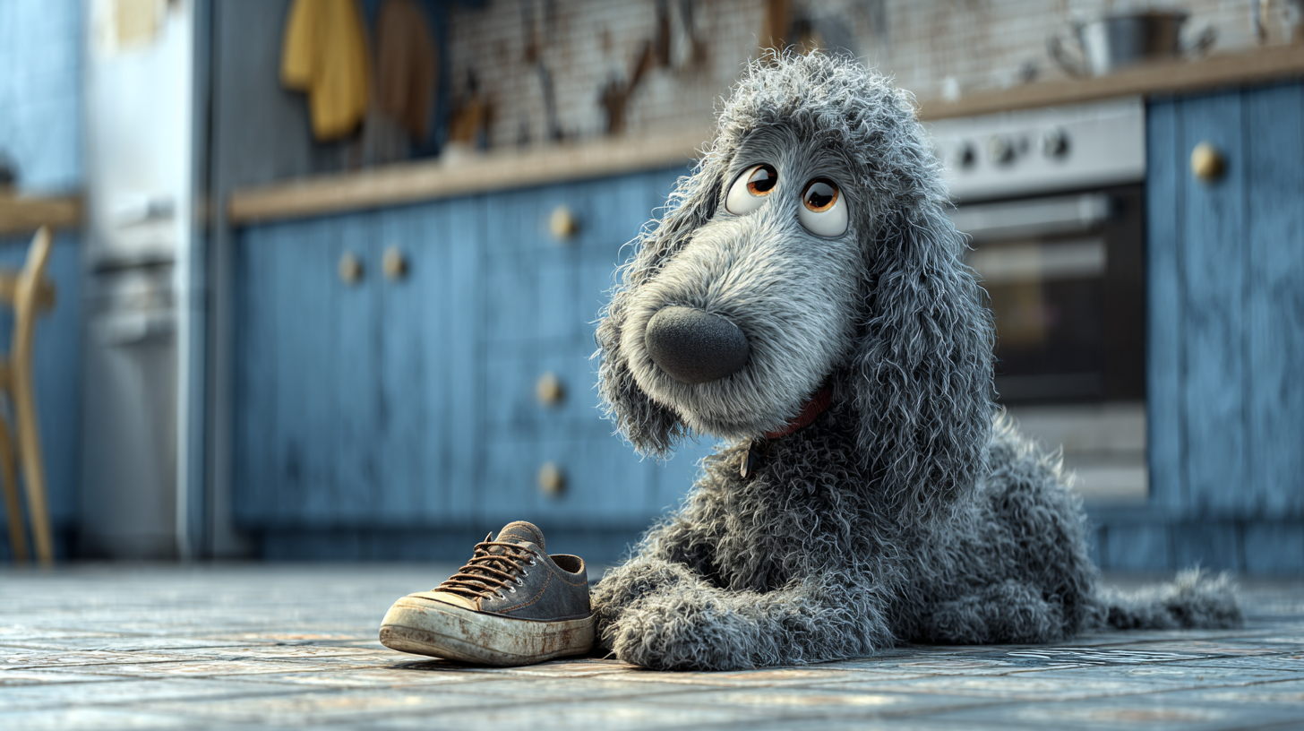 A sad-looking, animated gray dog rests next to a shoe in a blue kitchen.