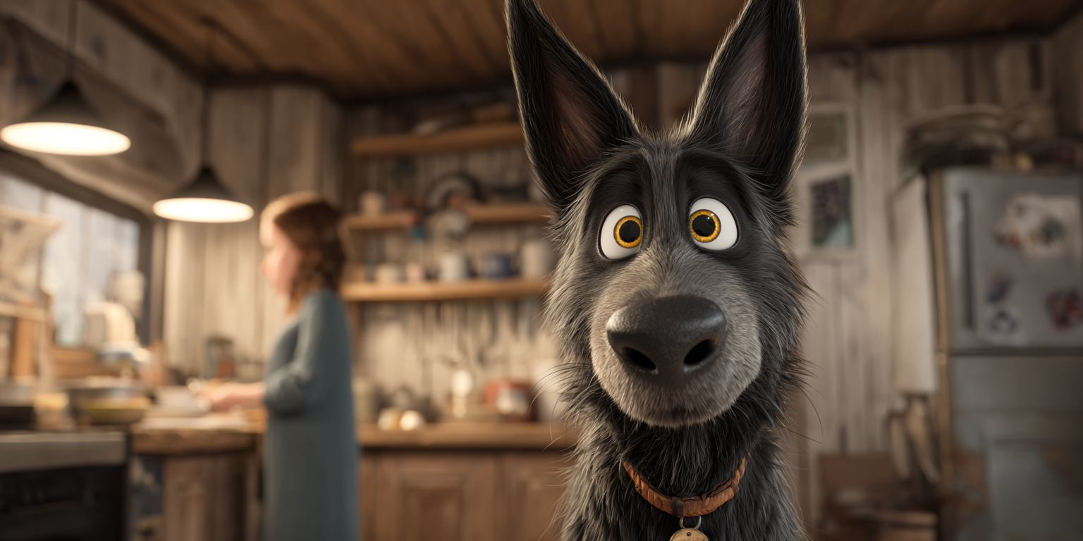 A cartoon dog is standing in a kitchen looking at the camera.