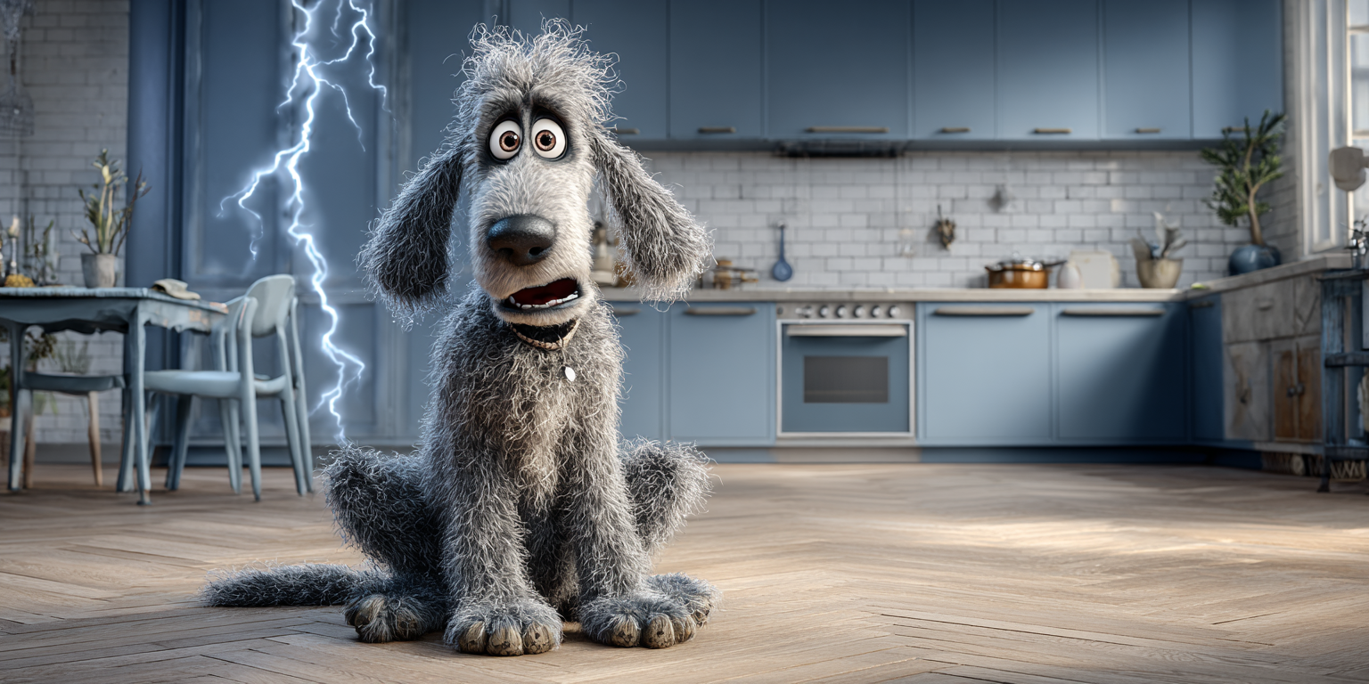 Dog with gray fur and surprised expression sits in kitchen with lightning bolt.